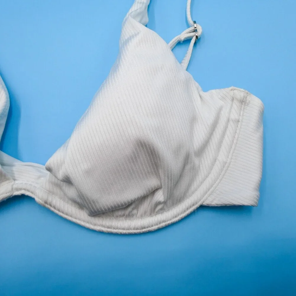 Victorias Secret Medium White Ribbed Underwired Plunge Padded Push-up Bikini Top